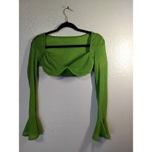 SHEIN BAE Lime Green Metallic Mesh Underwire Crop Top Flared Bell Sleeve XS (60)